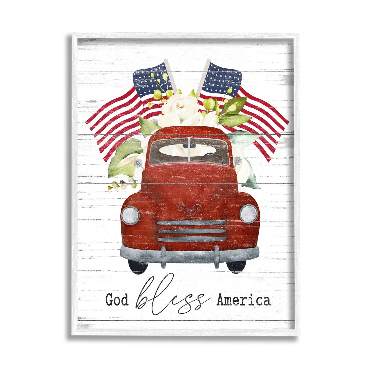 Stupell Industries God Bless America Red Truck Wall Art in White Frame